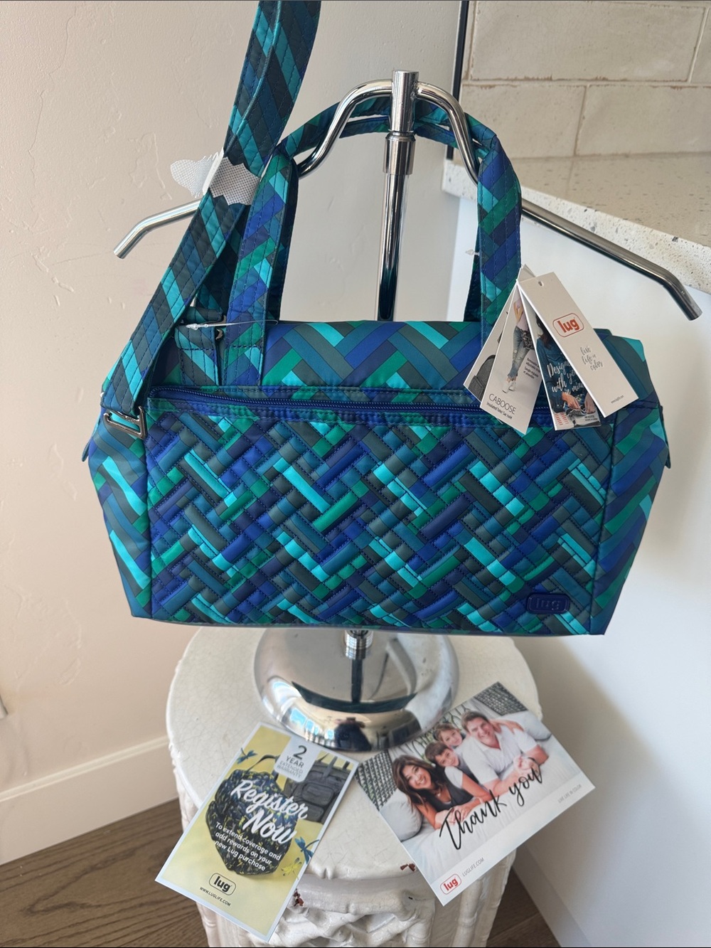 lug CABOOSE HBONE AQUA Quilted Convertible Lunch Bag Insulated Travel Zipper NWT